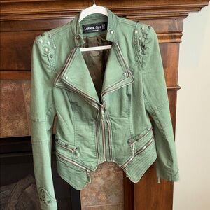 Army green military moto jacket grunge punk moto steampunk studs zippers est M/L
